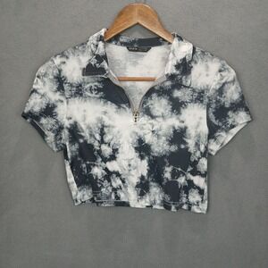Shein Cropped Top Womens 6 Black White Stretch Tie Dye Short Sleeve‎ 1/4 Zip